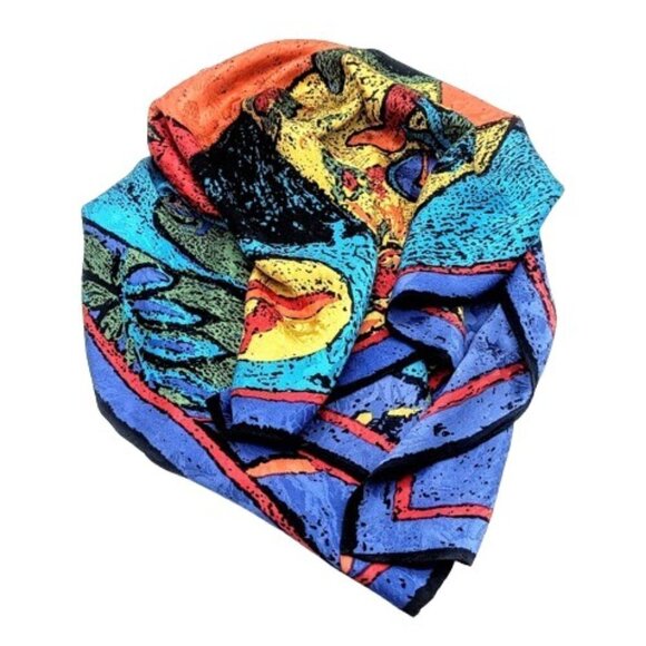 Abstract Chagall Multicolor Print Square Silk Jacquard Scarf - Picture 2 of 5